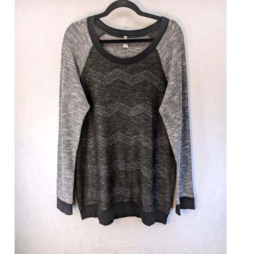 Vanity Pullover Sweater Women XL Gray Rhinestone Chevron Raglan Long Sleeve